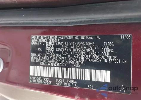 2006 Toyota Tundra Sr5 V8 z USA, uszkodzony, nr VIN 5TBDT44186S550323